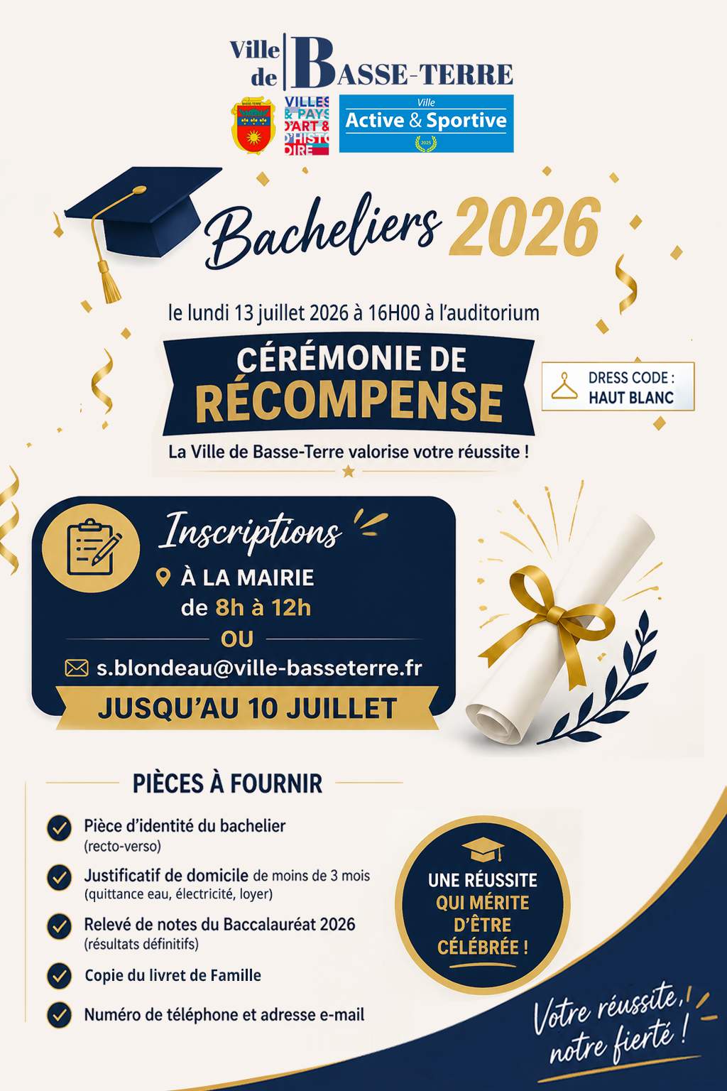 Cérémonie des Bacheliers - lundi 13 Juillet 2026 Auditorium Jérôme CLÉRY
